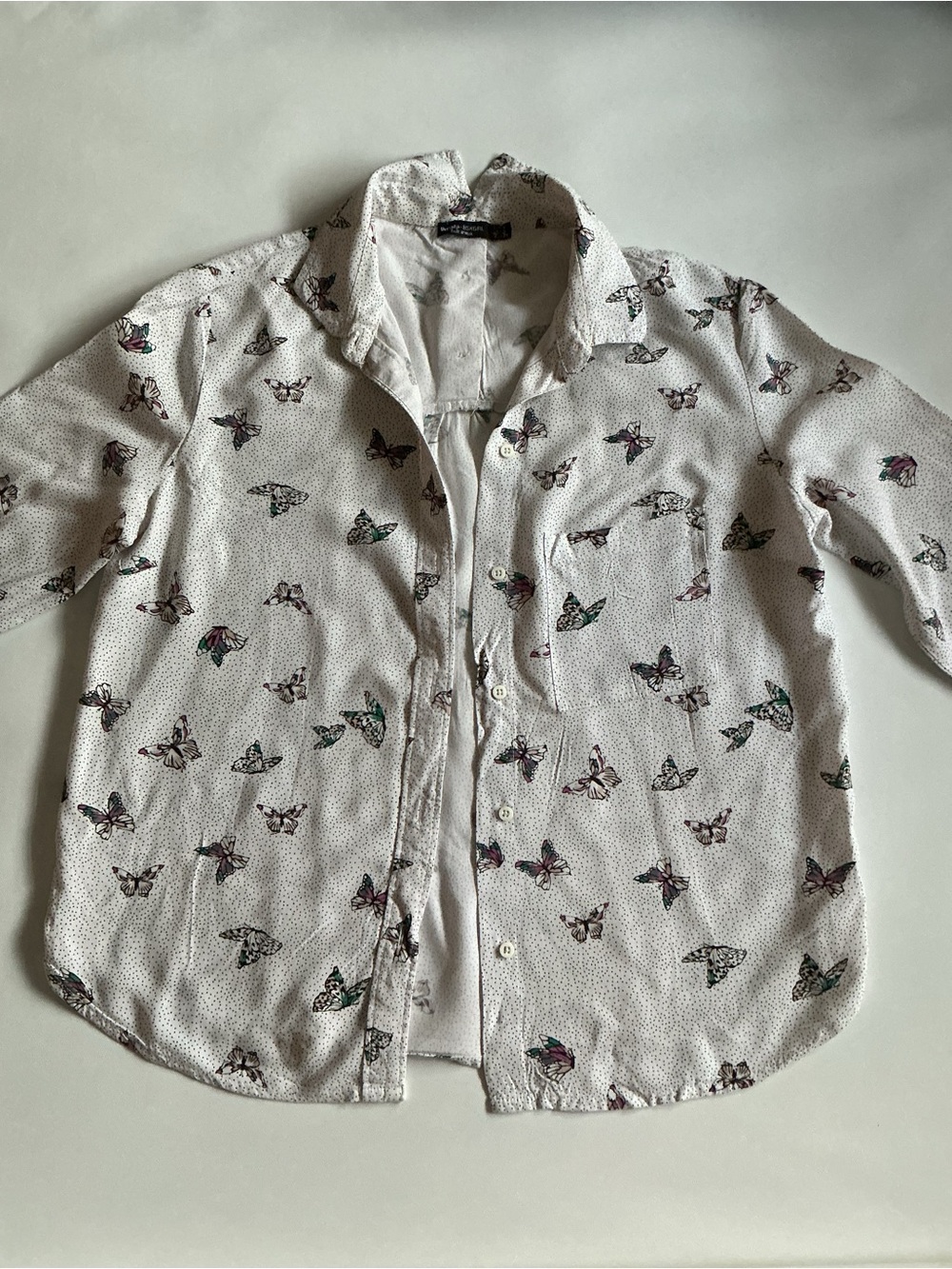 Bershka White Butterfly Print Button Down Shirt Long Sleeve Size S